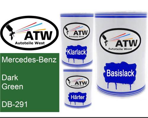 Mercedes-Benz, Dark Green, DB-291: 500ml Lackdose + 500ml Klarlack + 250ml Härter - Set, von ATW Autoteile West.